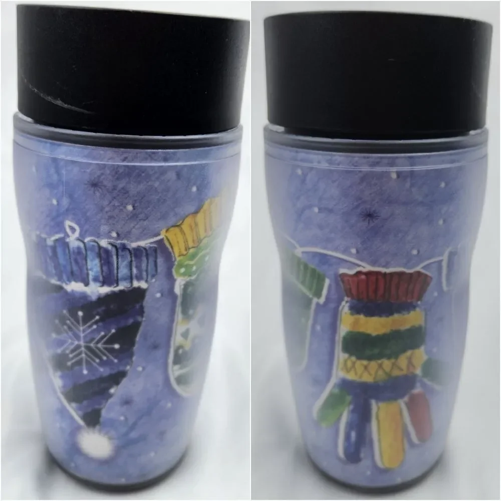 ☕️Vintage Starbucks 2001 Barista Blue Multicolored Mittens 8oz Travel Tumbler